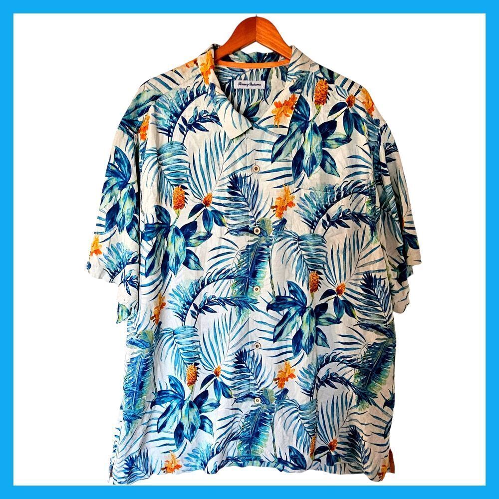 Tommy Bahama Mens 100% Silk‎ 3XL Plus Tropical Print Hawaiian Shirt Orange Palm